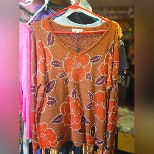 Andree By Unit Women's V-Neck Brown And Orange Floral Sweater Size Large